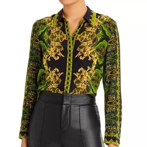 Alice + Olivia 100% Silk Willa Filigree Border Print Silk Blouse